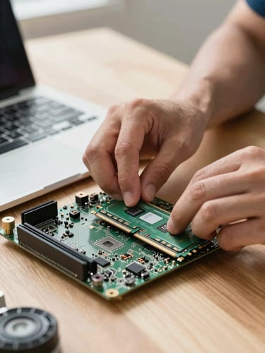 Portrait close-up of a technician's hands carefully installing a new RAM module into a laptop motherboard, bright natural daylight streaming across a clean wooden workspace.
