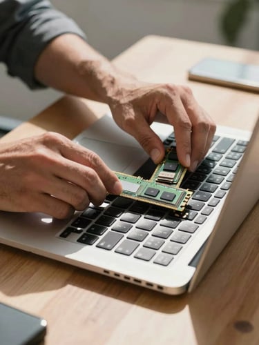 A close-up of a technician's hands upgrading RAM inside a modern business laptop on a clean wooden desk, bright natural Southern California sunlight streaming in.