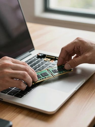 A close-up photograph of a technician's hands upgrading RAM inside a laptop on a clean wooden desk, bright natural Southern California daylight streaming from a nearby window, sharp focus on the hardware.