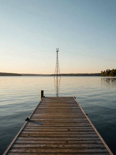 Wide lakeside dock at golden hour, cable rig tower reflected in glassy calm water, warm light raking across the wooden planks, open sky above, no people — inviting and still