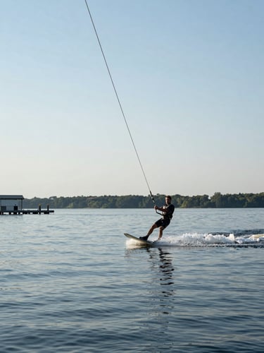 Close environmental shot from water level looking along the cable rig tow-line, a rider on a wakeboard being pulled across flat lake water in the foreground, natural midday light, the cable tensioned and visible against open sky, dock structure faintly in background