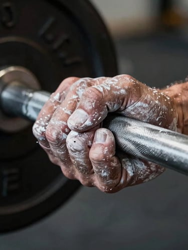 Extreme macro shot of chalk-covered hands gripping a heavily knurled barbell, stark side-lighting defining the tension and texture.