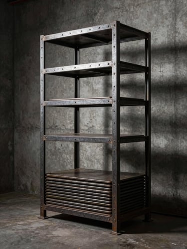 Low-key dramatic shot of an empty power rack under sharp side-lighting, heavy iron plates stacked on the floor, deep shadows, industrial concrete background.