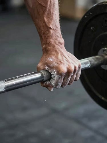 Extreme close-up of chalk-covered hands gripping a heavy raw steel barbell, high contrast, dramatic side-lighting, dark concrete background