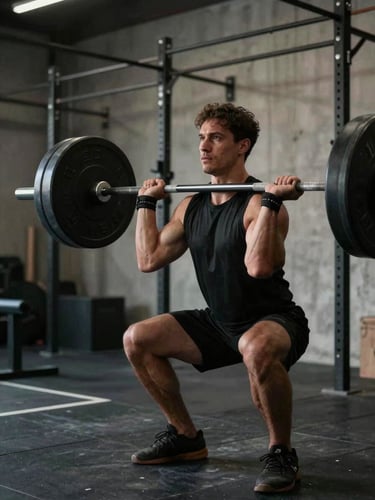 High-contrast side-lit shot of a strength coach analyzing a lift, concrete gym background, focused and intense atmosphere, low-key lighting.