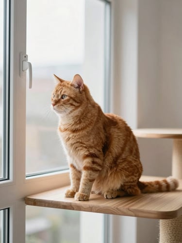 A calm ginger cat sitting on a high wooden perch in a bright, sunlit room, looking out a large window, soft natural light, clean minimalist background, 35mm lens