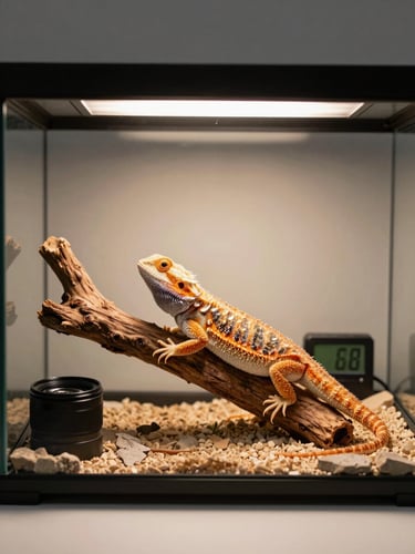 A clean, modern terrarium enclosure with a bearded dragon resting under a warm basking light, natural wood branch, digital humidity sensor visible, soft diffused lighting, 35mm lens.