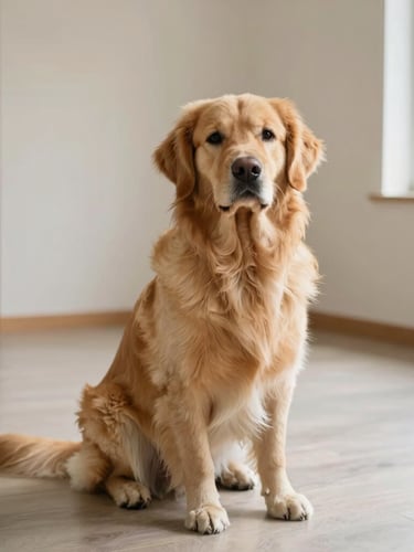 A calm golden retriever sitting peacefully inside a spacious, clean indoor suite with natural light, 35mm lens, warm editorial photography.