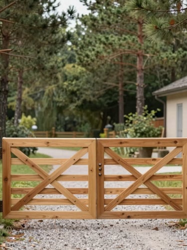 A clean wooden gate and gravel pathway leading into a quiet rural facility, surrounded by tall pine trees under soft diffused daylight