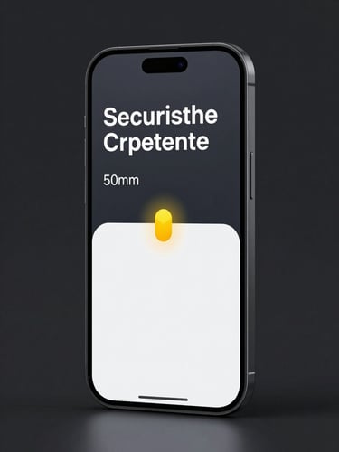 Sleek vertical smartphone display showing a secure, locked screen with clean technical typography and an electric amber warning indicator, dark charcoal background, studio lighting