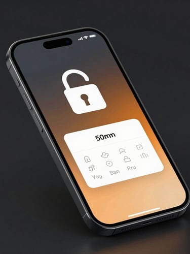 Sleek modern smartphone displaying a secure lock screen with a prominent padlock icon and clean collection notice, sharp studio lighting with subtle electric amber backlighting, deep charcoal background, 50mm