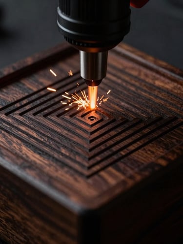 Extreme macro shot of a laser engraving tool etching clean geometric lines into a dark wooden box, high contrast, orange sparks flying, moody lighting