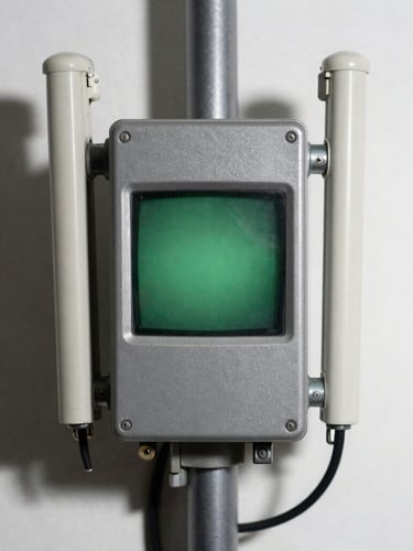 Straight-on technical macro photograph of a physical gray metal telecommunication terminal with a small glowing monochrome green screen, harsh direct office lighting, sharp cast shadows, 35mm.
