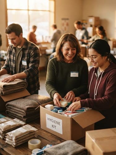 Volunteers packing hygiene kits and warm blankets in a community center, warm natural light, intimate 35mm film aesthetic