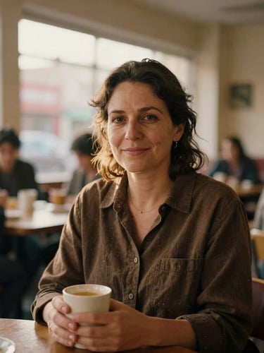 Portrait of Maria, a woman in her 40s, sitting comfortably in a warm, well-lit community center, holding a warm cup. Natural golden-hour light, rich muted earth tones, intimate 35mm film aesthetic, shallow depth of field, respectful portrait, gentle smile, urban backdrop blurred.