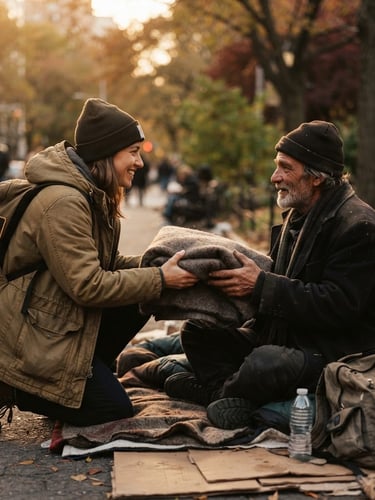 Intimate, eye-level documentary portrait of a field team member distributing warm blankets to an unhoused individual at golden hour, shallow depth of field, rich muted earth tones.