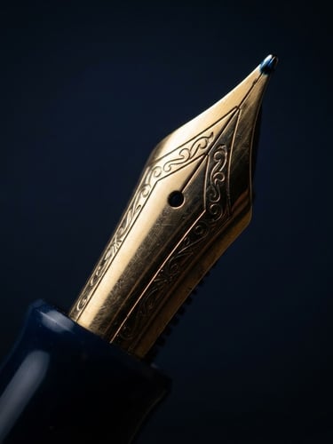 Extreme close-up of a 18k gold fountain pen nib catching low-key directional studio lighting, dramatic shadows, deep navy background, macro lens, shallow depth of field
