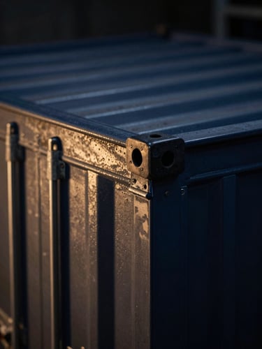 Macro close-up of a pressurized metal shipping container being sealed, clean laboratory environment, dramatic lighting