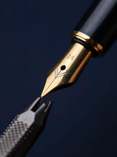 Extreme macro photograph of a 14k gold pen nib being tuned with micro-tools, dramatic low-key studio lighting, gold highlights against deep navy shadows