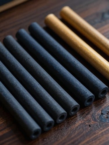 Macro overhead flat-lay of raw ebonite rods and turned resin pen barrels on a dark wooden craftsman desk, dramatic side lighting