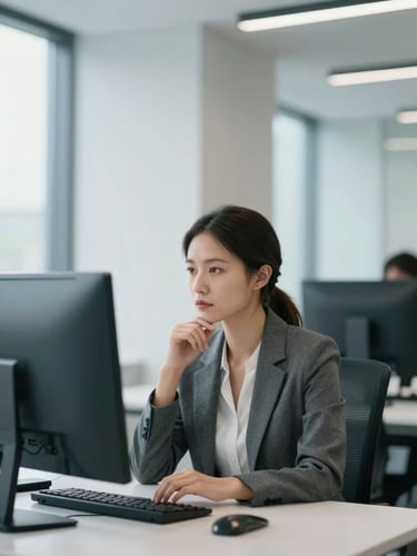 A professional woman in a bright modern workspace looking thoughtfully at a screen, neutral crisp lighting, cool blue and slate tones