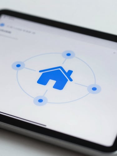Macro shot of a clean digital interface showing real estate network nodes, bright overcast daylight, cool blue tones, sharp focus.