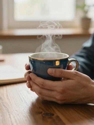 Close-up of hands, possibly the psychologist's, gently holding a warm ceramic cup with steam rising, on a wooden desk next to a notebook with blurred background of a cozy, sunlit interior, natural window light, deep petrol and gold tones, shallow depth of field.