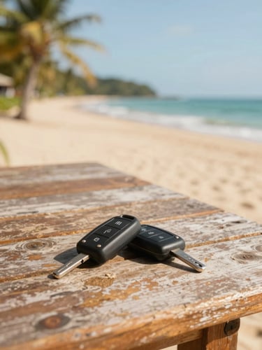 Close-up of car keys resting on a weathered wooden table with a blurry background of a tropical beach and ocean, bright midday sun, warm editorial photography.