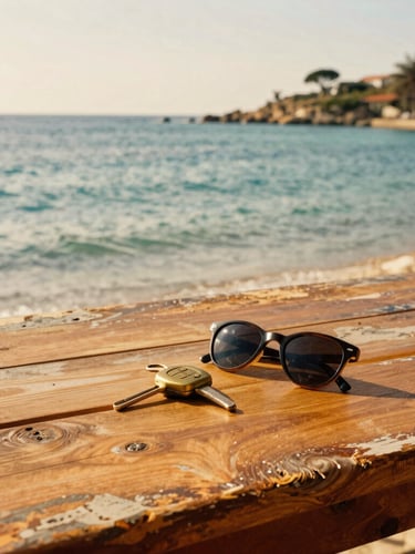 A weathered wooden table overlooking a sun-drenched bay, brass car keys resting next to a pair of sunglasses