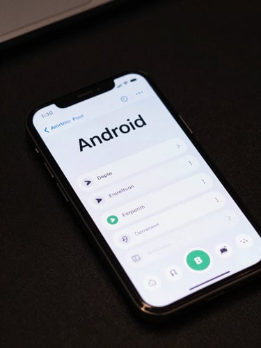 Close overhead shot of an Android phone on a dark desk, screen showing a clean accessibility-focused UI with large type and high-contrast controls, cool studio lighting, no hands