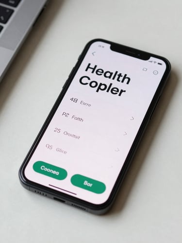 Tight crop of an Android phone screen showing a health companion app with large readable typography, high-contrast buttons, and a minimal single-task layout, neutral daylight from the left, device resting on a clean white desk surface