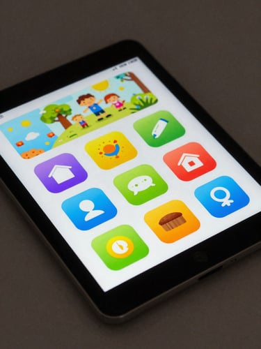 Close overhead shot of an Android tablet on a desk, screen displaying a colorful children's educational app interface with large tap targets and high-contrast icons, cool studio lighting, sharp focus on the screen