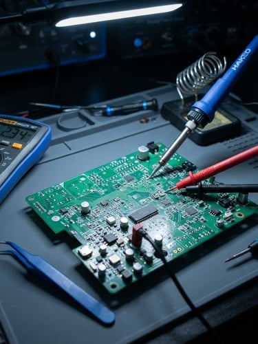 Macro overhead shot of a clean electronics repair workbench with a digital multimeter, fine-tipped soldering iron, and a circuit board under bright cool-toned diagnostic light, electric blue accents