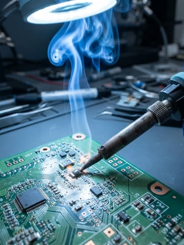 Macro shot of a high-precision soldering iron tip touching a circuit board, bright focused cool-toned workbench light, electric blue solder smoke, professional repair environment