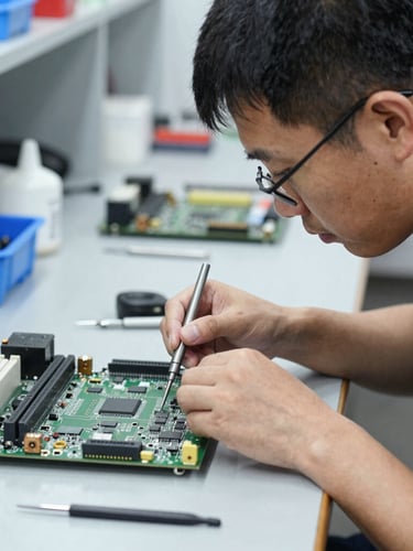 Medium shot profile of technician Dukhwa Cho at his clean workshop bench in York, carefully replacing a microchip on a motherboard with precision tools, bright focused light, sharp technical photography