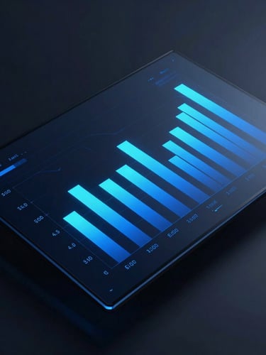 Sleek modern dashboard with high-contrast glowing electric blue charts on a dark glass screen, sharp focus, architectural composition