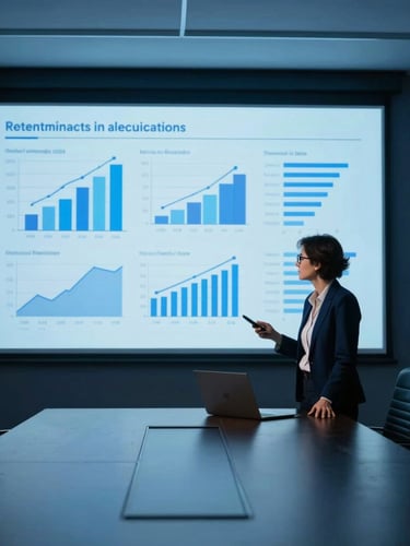 Focused professional in an architectural concrete meeting room analyzing data projections, cool studio lighting, deep navy tones