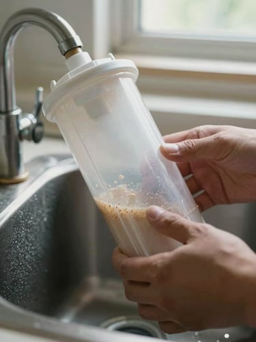 Extreme close-up of hands pulling a cylindrical RO filter cartridge from its housing, sediment visible inside the translucent casing, natural north-facing window light, no people's faces, under-sink cabinet edge visible at frame left