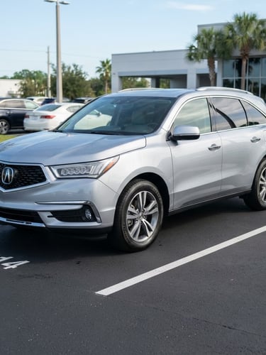 Eye-level three-quarter vehicle portrait of a clean pre-owned silver SUV parked on a clean, organized dealership lot, bright natural Florida daylight, soft shadows, realistic colors, sharp details, 35mm lens.