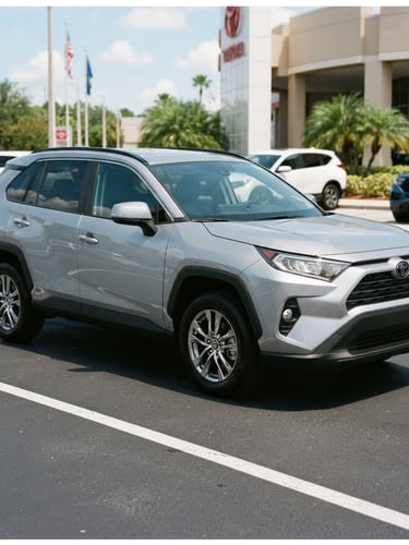 Eye-level three-quarter shot of a clean, dependable silver SUV parked on a tidy dealership lot, bright natural Florida daylight, sharp details, 35mm lens
