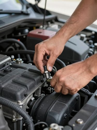 Close-up shot of a mechanic's hands inspecting a clean car engine under bright daylight, focusing on the dipstick and engine block, realistic colors.
