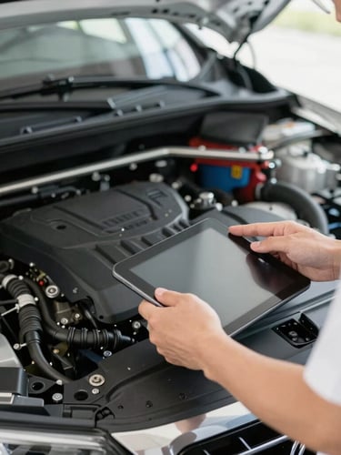 Close-up automotive photography of a professional inspector checking a car's clean engine bay under soft daylight, hands visible holding a digital tablet, realistic colors, 35mm lens