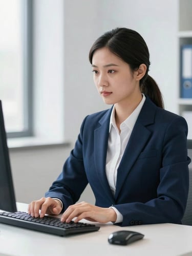 Portrait of a focused, professional administrative assistant working diligently at a desk, hands on keyboard, clean modern clinic workspace, bright natural daylight, cool blue and white tones, sharp focus, professional office environment, 35mm