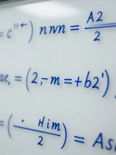 Macro close-up shot of handwritten complex physics equations on a clean white glass board, blue ink, sharp focus on mathematical derivations