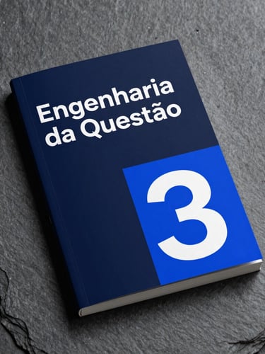 A clean, high-contrast mockup of the book cover 'Engenharia da Questão' in deep navy and electric blue, resting on a slate gray surface.