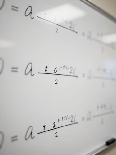 Macro extreme close-up of handwritten mathematical derivations and physics formulas on a clean white board, crisp neutral lighting, technical precision.