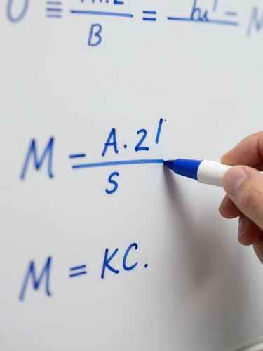 Macro close-up of handwritten mathematical derivations on a clean whiteboard, sharp blue ink, bright neutral studio lighting, shallow depth of field.