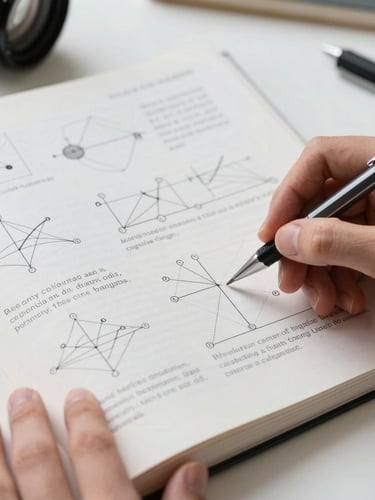 Macro shot of an open textbook showing detailed physics diagrams of mechanics and optics, hands holding a technical mechanical pencil, clean study desk