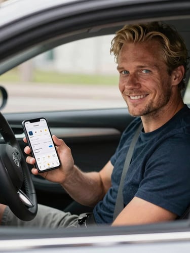 A professional dutch man  sitting in a modern car, smiling in bright natural daylight, holding a sma
