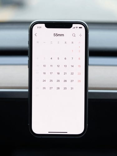 A modern smartphone mounted on a car dashboard showing a clean calendar schedule, soft natural daylight illuminating the interior, crisp details, 35mm